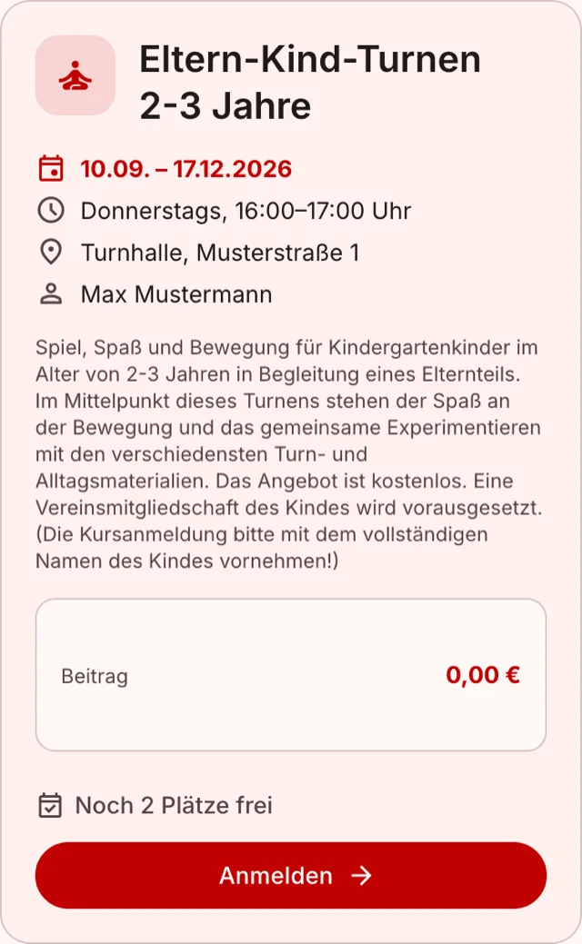 Kurskarte im Mitmachen-Portal des TuS Wennemen: Eltern-Kind-Turnen, donnerstags 16 bis 17 Uhr, noch 2 Plätze frei, Button Anmelden