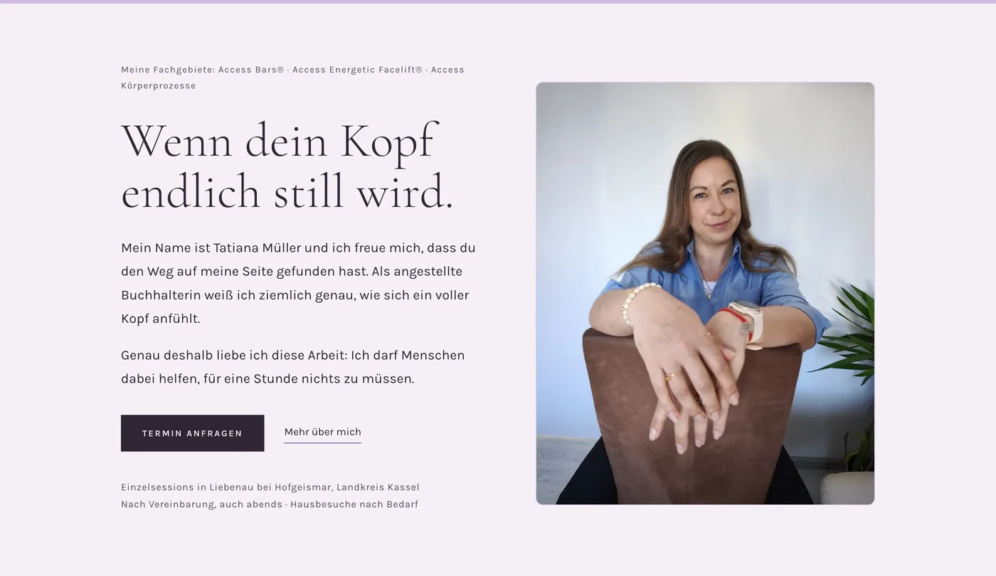 Startseite der Webseite von Tatiana Müller mit Porträt und Einstieg zur Terminanfrage