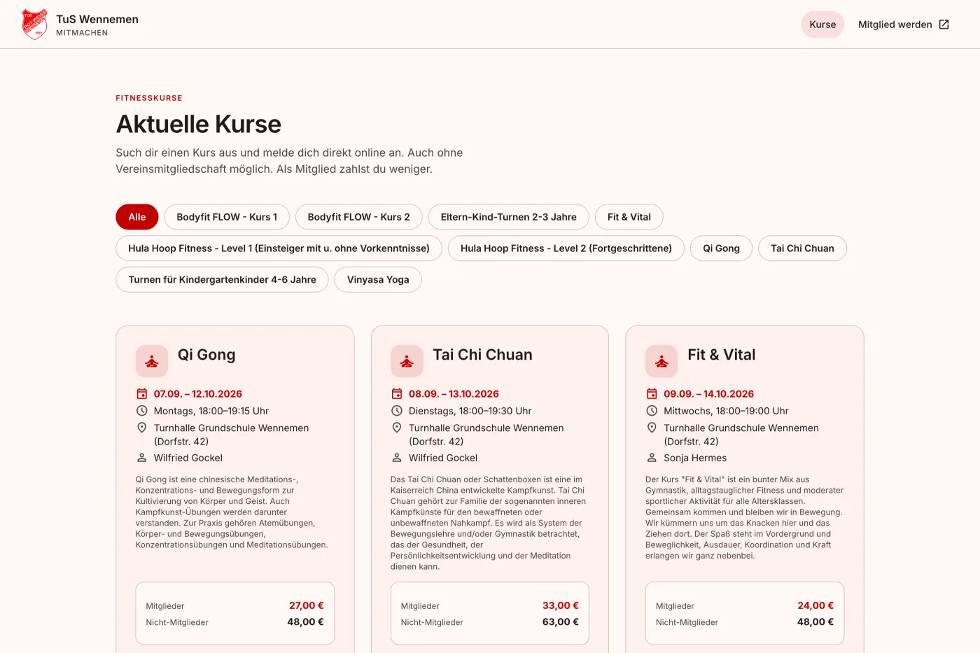 Kursübersicht des Mitmachen-Portals von TuS Wennemen mit Filtern, Terminen und freien Plätzen